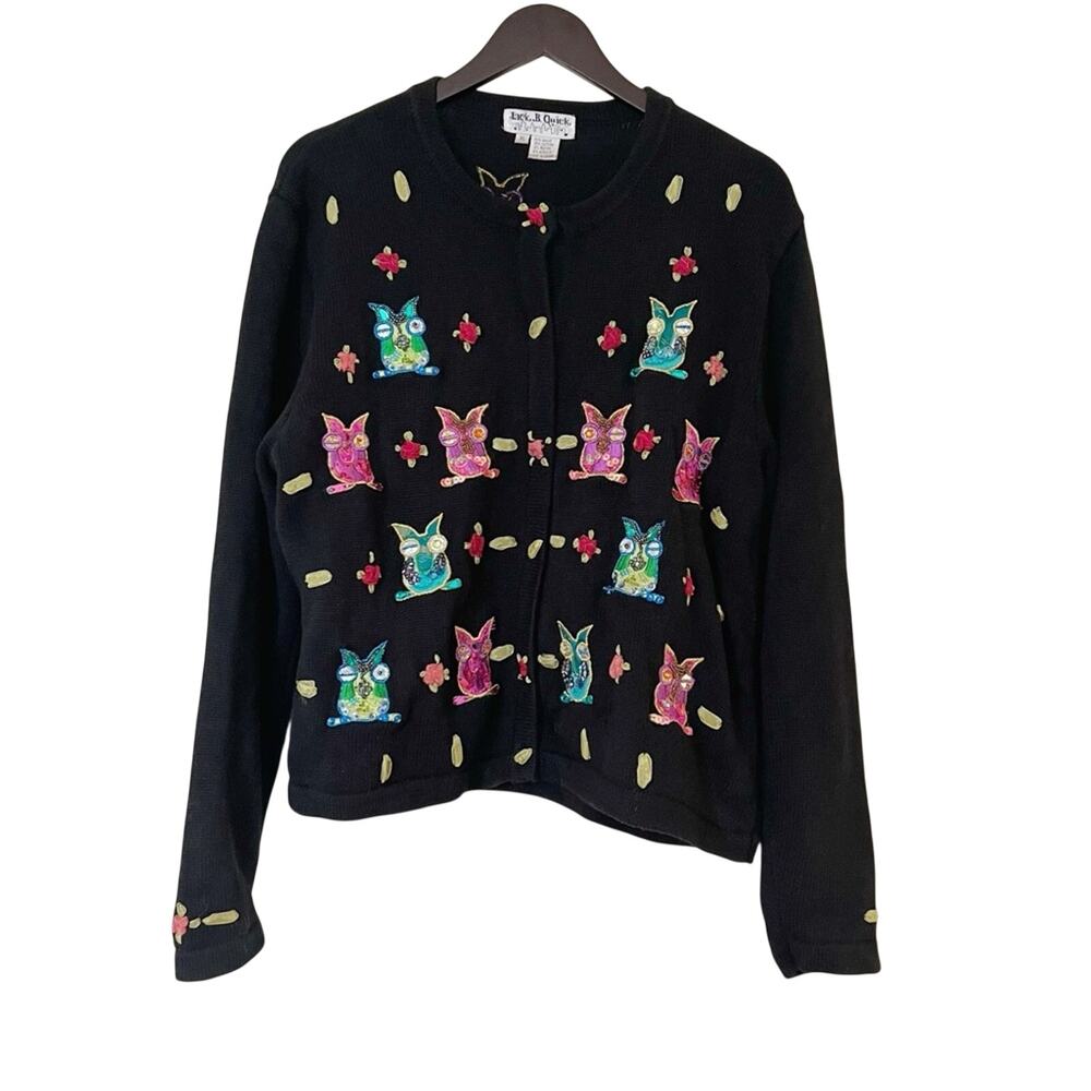Jack B. Quick Y2k Beaded Owl Embroidered Abstract Knit Cardigan Sweater